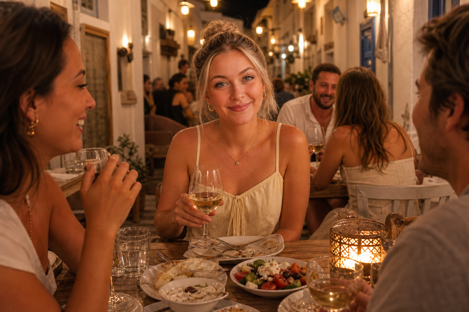Kvinne sitter ved et restaurantbord med venner i Naxos by om kvelden