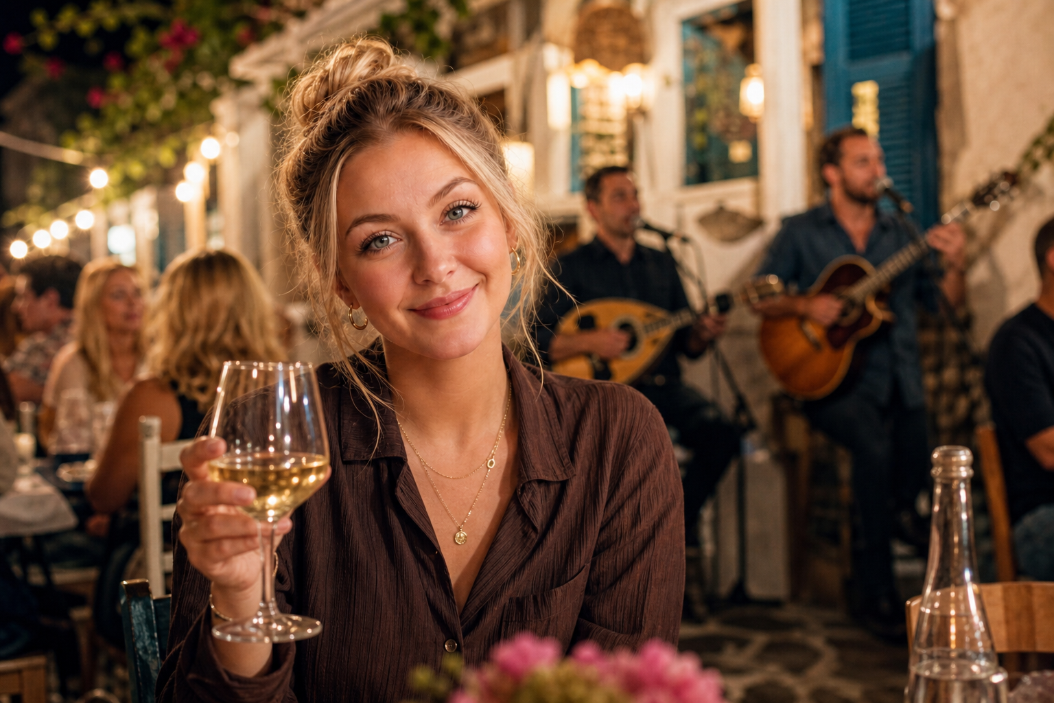 Kvinne sitter ved en kafé mens musikere spiller i bakgrunnen i Naxos by om kvelden