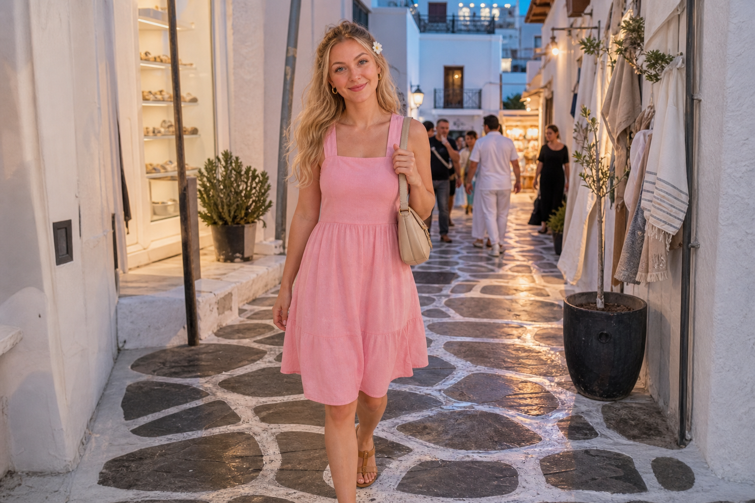 Kvinne i sommerkjole går i en smal opplyst gate i Naxos by om kvelden