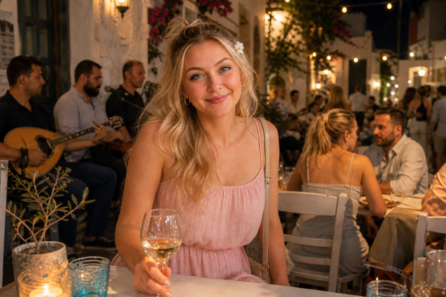 Kvinne sitter ved en kafé mens musikere spiller i bakgrunnen i Naxos by om kvelden