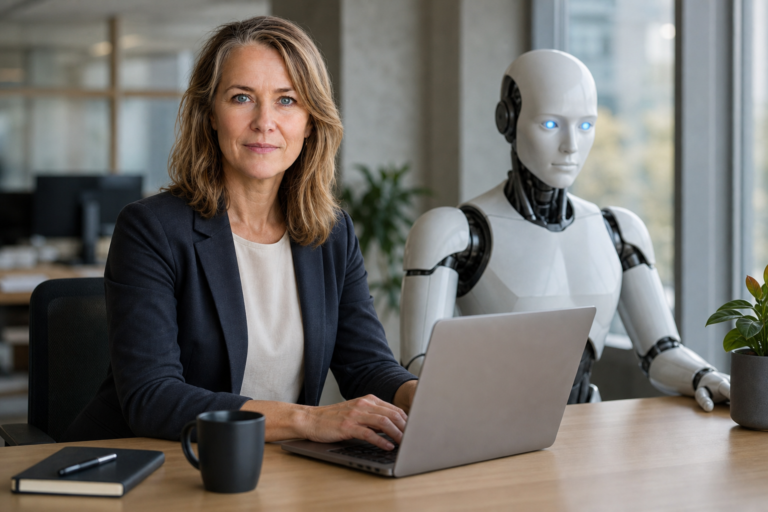 Person i en redaksjonell scene som passer temaet Denne humanoide roboten er en skremmende kompetent kontorpraktikant