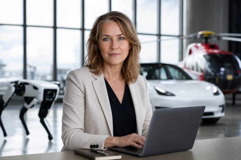 Person i en redaksjonell scene som passer temaet FNs KI-symposium: Robot-hunder, Teslas og redningshelikoptre