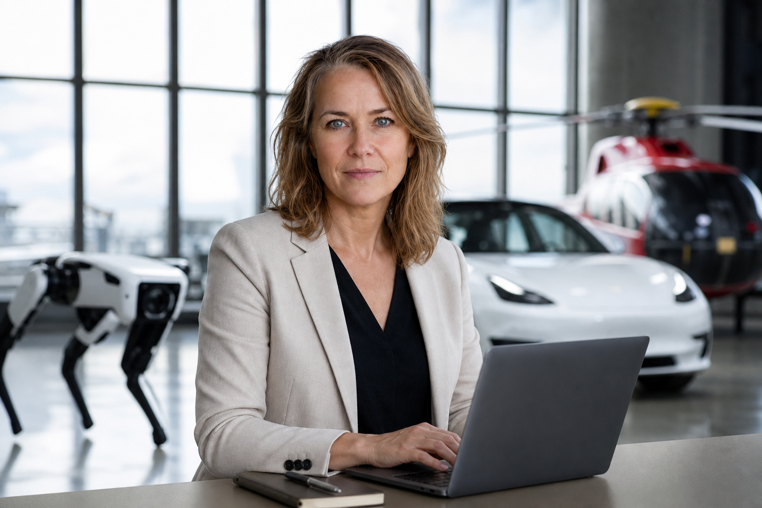 Person i en redaksjonell scene som passer temaet FNs KI-symposium: Robot-hunder, Teslas og redningshelikoptre