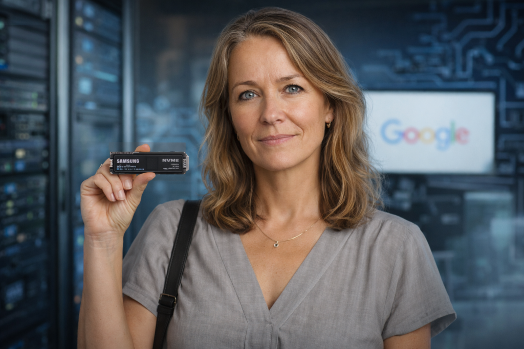 Person i en redaksjonell scene som passer temaet Samsung gir Google og KI grunn til å kjøpe ny lagring – SSD-priser