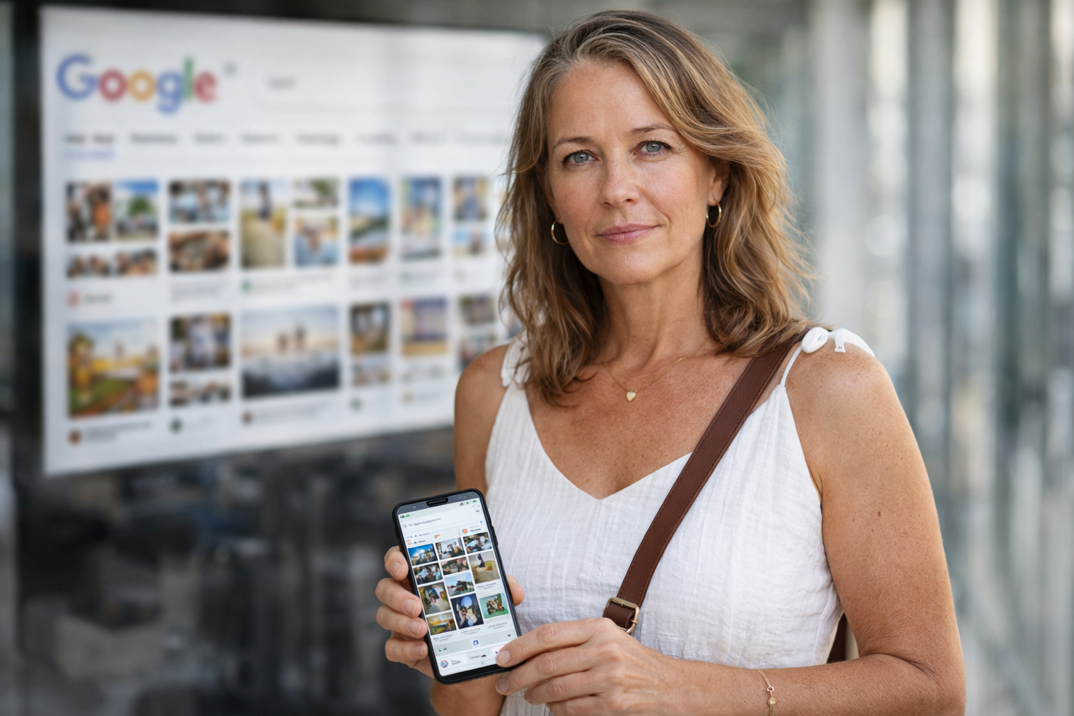Person i en redaksjonell scene som passer temaet Google Bilder lanserer Pinterest-lignende redesign med en blarbar, dynamisk galleri av bilder, og legger…