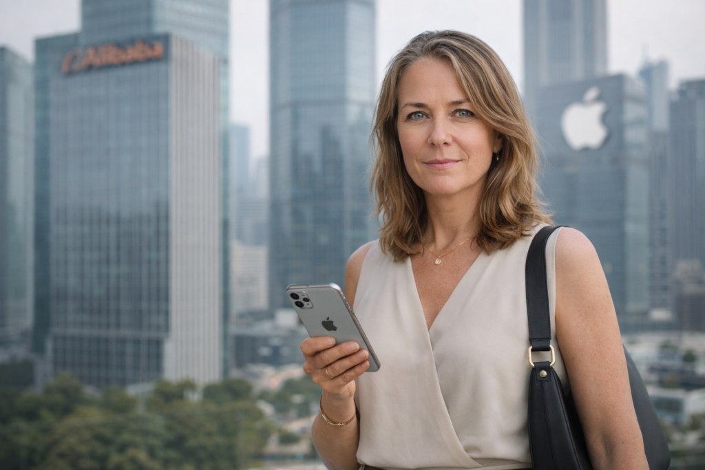 Person i en redaksjonell scene som passer temaet Apple Intelligence lanseres i Kina med Alibabas Qwen KI