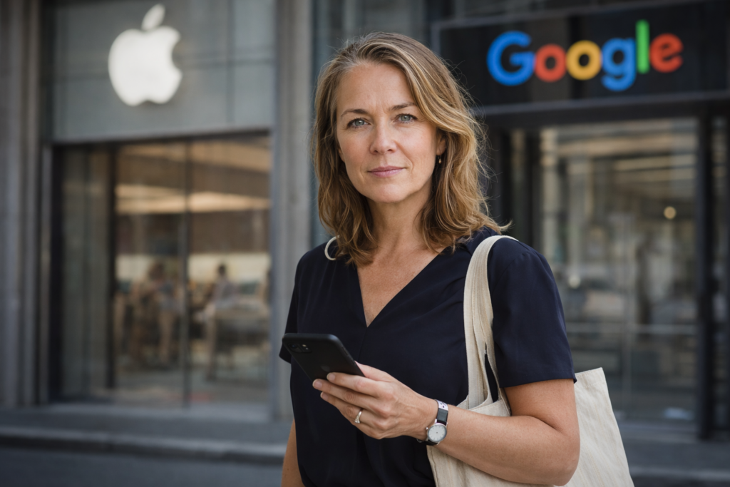 Person i en redaksjonell scene som passer temaet Apple og Google må fjerne 'nudify'-apper fra sine butikker