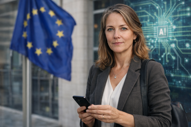 Person i en redaksjonell scene som passer temaet E.U. krever at Google åpner Android for rivaliserende KI-assistenter