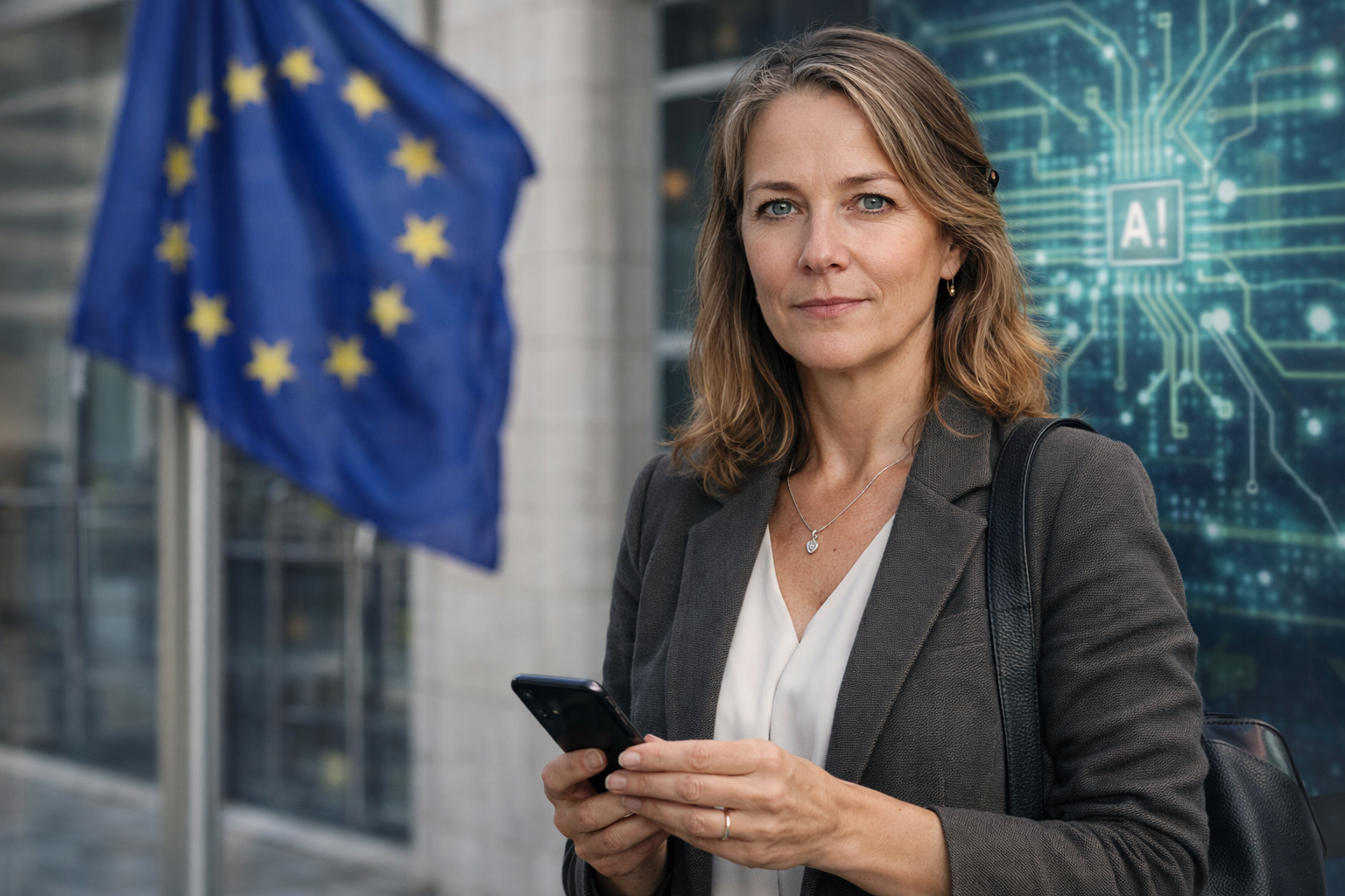 Person i en redaksjonell scene som passer temaet E.U. krever at Google åpner Android for rivaliserende KI-assistenter