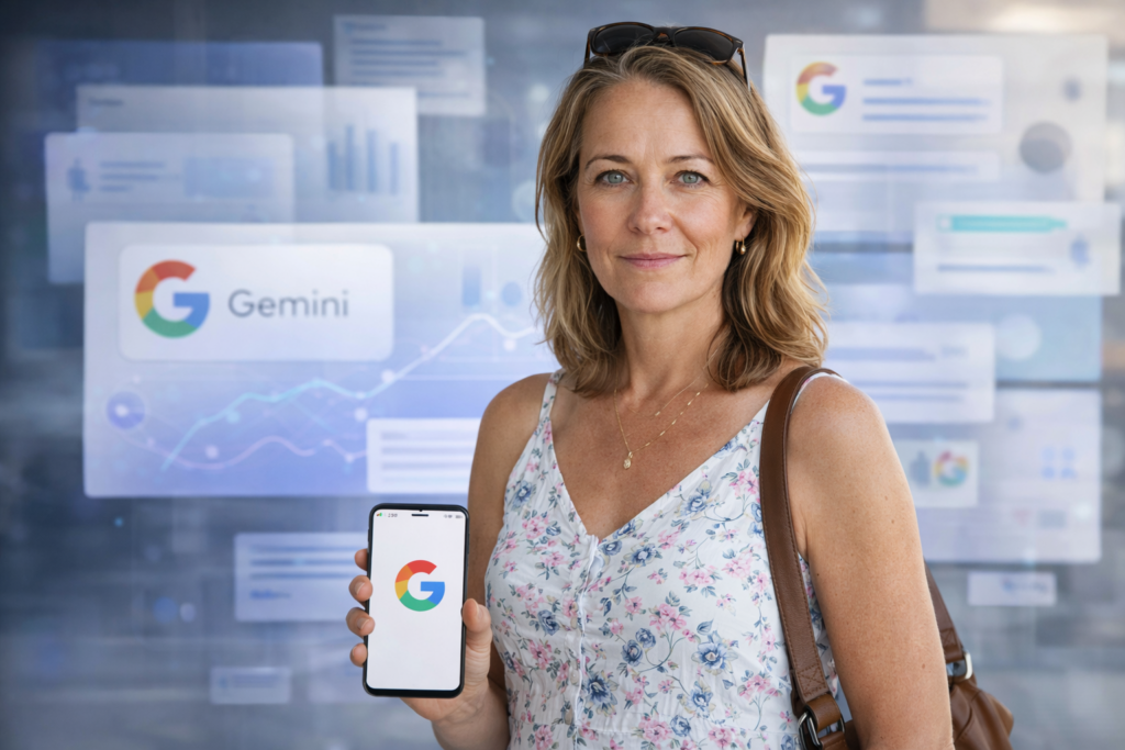 Person i en redaksjonell scene som passer temaet Slik fungerer Googles Gemini-vurderinger og følger bruken din
