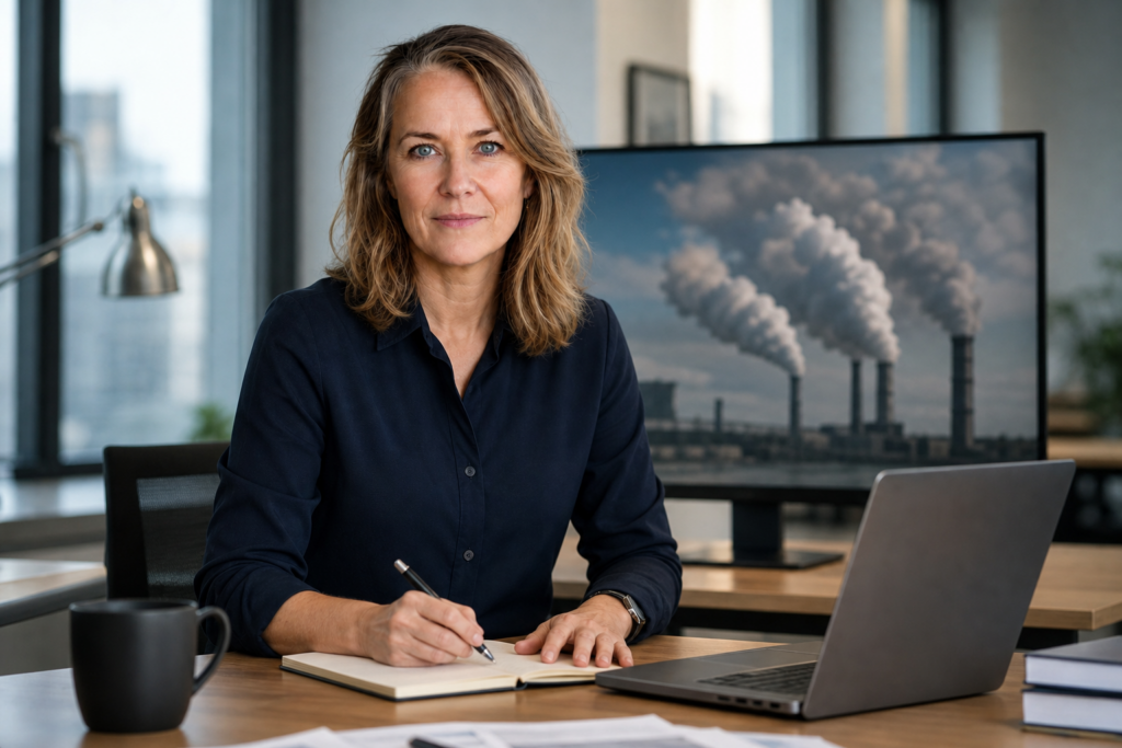 Person i en redaksjonell scene som passer temaet Amazons utslipp økte 16 % i 2025, mens Googles steg 18 %