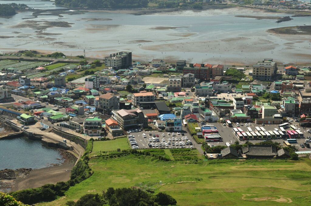 Scenic aerial view of a vibrant coastal town in South Korea with lush greenery and waterfront.