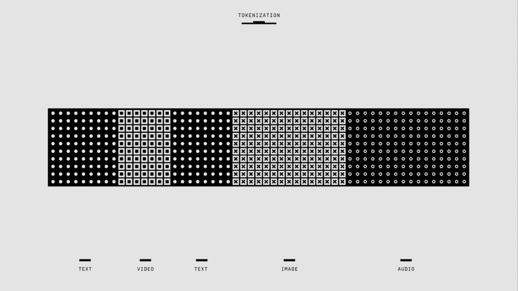 A black and white graphic illustrating the concept of tokenization with abstract patterns.