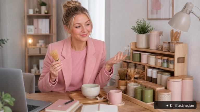 Bella står ved matcha-stasjonen hjemme på kjøkkenet.