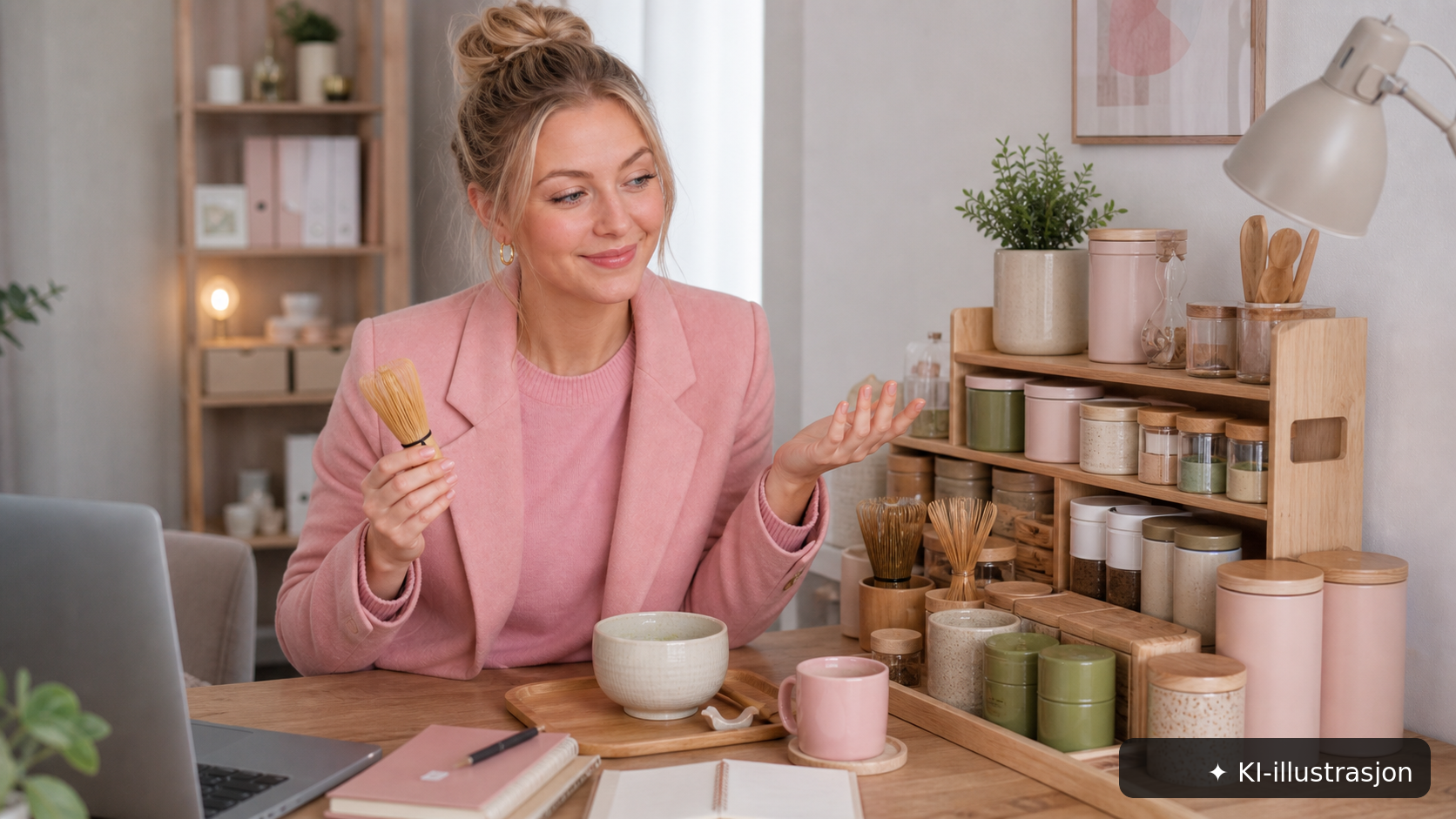 Bella står ved matcha-stasjonen hjemme på kjøkkenet.