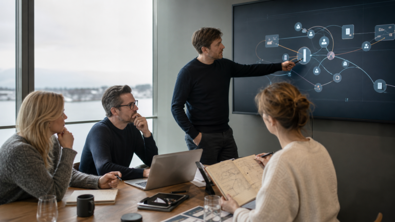 Et team vurderer kundedata, integrasjoner og arbeidsflyt før valg av CRM-system.