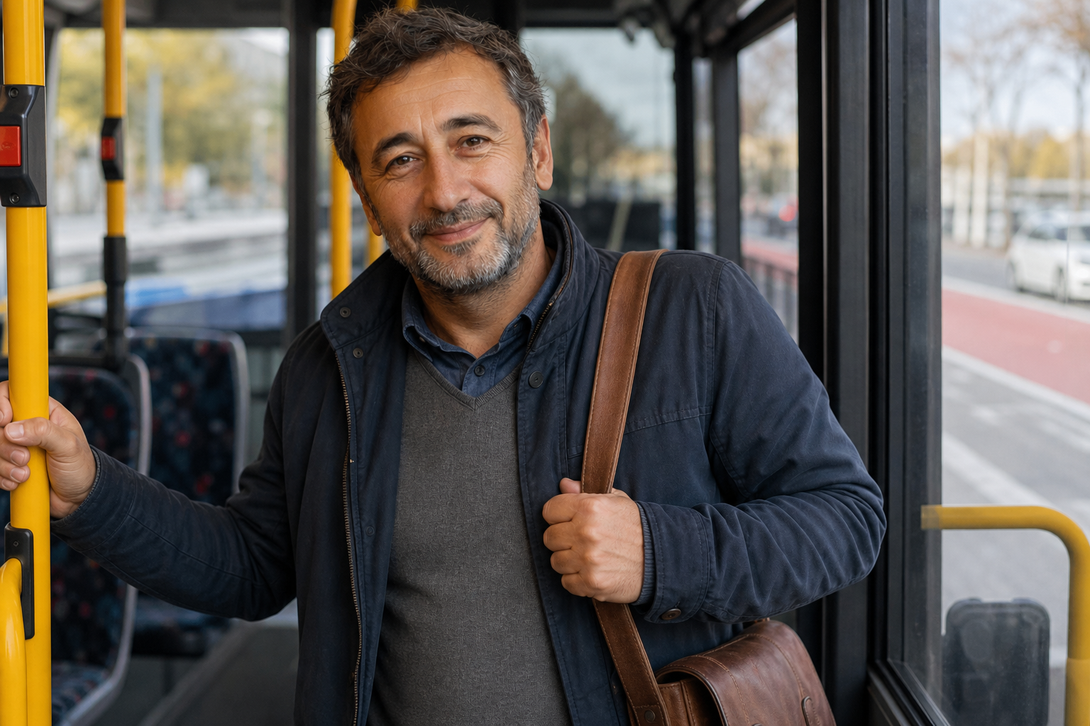 Person i en redaksjonell scene som passer temaet Kuk i kø på bussen!