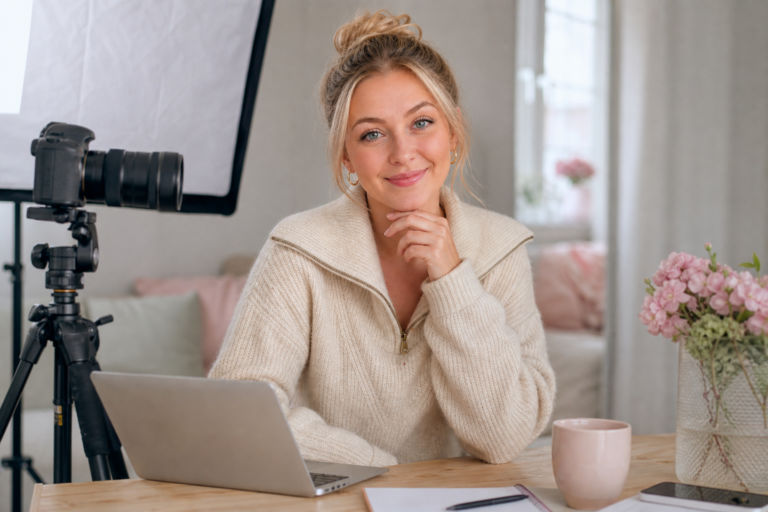 Person i en redaksjonell scene som passer temaet Da stolen ikke kom, måtte jeg lage et bildestudio hjemme