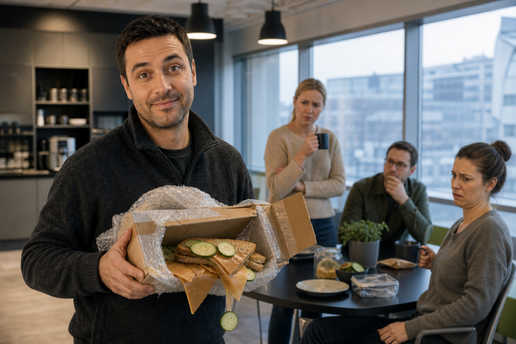 Vladimir holder en matpakke innpakket som en postpakke på kontoret