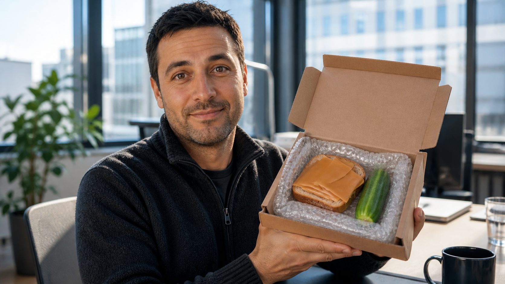 Vladimir viser fram matpakken pakket som postpakke på kontoret