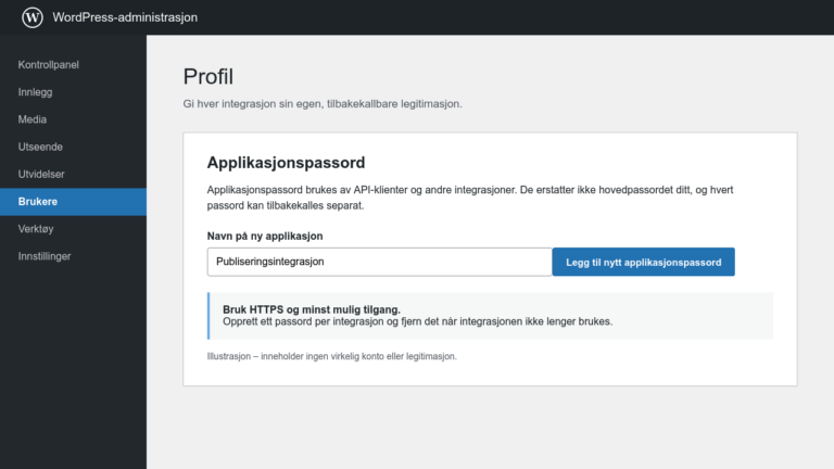 Illustrert WordPress-profil med felt for å opprette et applikasjonspassord.
